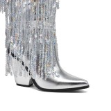 New Designed Tassel Glitter Pointy Chunky Heels Sleeve Mid-Calf Boots Fashion High Heel Slip-On Boots For Women