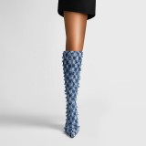 New Designed Pointy Checkerboard Tassel Jacquard Water Wash Denim Blue Thigh-High Boots Fashion Knee-High Boots For Women