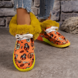 Women's Halloween Warm Fur Snow Boots Flat Heel Anti-Slip Ankle Boots Pumpkin Print Ghost Casual Shoes XL 43