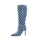 New Designed Pointy Checkerboard Tassel Jacquard Water Wash Denim Blue Thigh-High Boots Fashion Knee-High Boots For Women