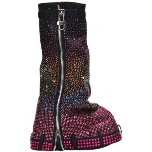 New Designed Platform Cowboy Boots Luxury Rhinestones Round Toe Belt Buckle Wedge Heel Pants Boots For Women