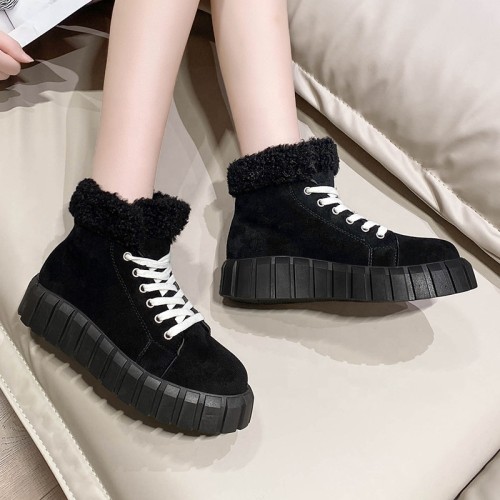 Wholesale Women Shoes In China Sexy Mature Thick Bottom Lace Up Fashion New Sneaker Lady Shoes Big Size Round Toe Fur Snow Boots