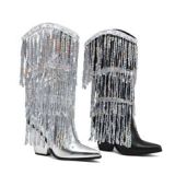 New Designed Tassel Glitter Pointy Chunky Heels Sleeve Mid-Calf Boots Fashion High Heel Slip-On Boots For Women