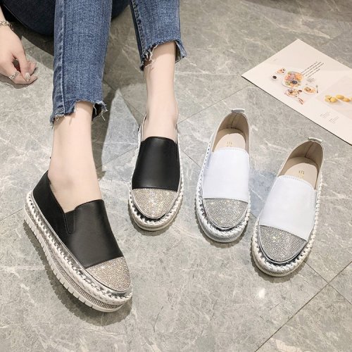 LF-002 fashion fall boutique sequined beaded hight increase thick sole PU leather flat Loafers women casual walking shoes