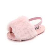 Infant Baby Girls Plush Sandals Soft Sole Faux Fur Flats Toddler Prewalker Slippers With Elastic Back Strap Baby Slippers