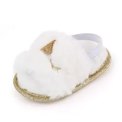 Infant Baby Girls Plush Sandals Soft Sole Faux Fur Flats Toddler Prewalker Slippers With Elastic Back Strap Baby Slippers