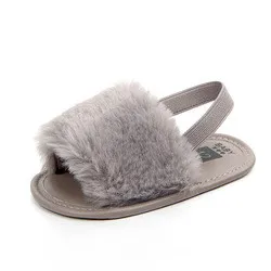 Infant Baby Girls Plush Sandals Soft Sole Faux Fur Flats Toddler Prewalker Slippers With Elastic Back Strap Baby Slippers