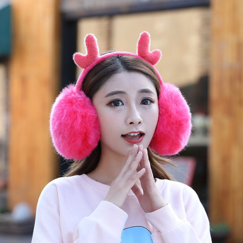 Tiktok Fashion Deer Antlers Winter Earmuffs Fur Elk Ear Muffs Solid Color Headphones Ears Cover Women Girls Earcap Ear Warmers