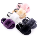 Infant Baby Girls Plush Sandals Soft Sole Faux Fur Flats Toddler Prewalker Slippers With Elastic Back Strap Baby Slippers