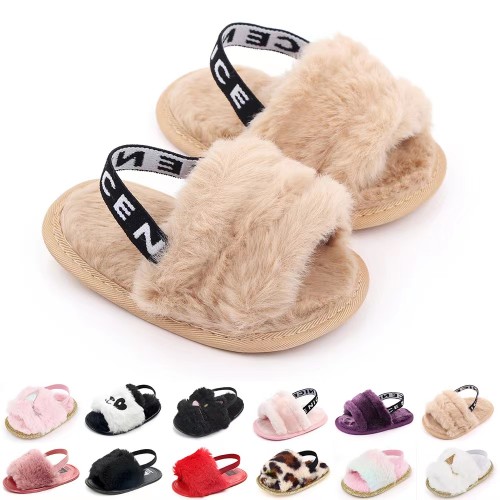 Infant Baby Girls Plush Sandals Soft Sole Faux Fur Flats Toddler Prewalker Slippers With Elastic Back Strap Baby Slippers