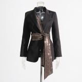 Bettergirl elegant high-grade suit 2023 autumn new design sense stitching tied long sleeves slimming suit coat for women
