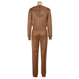 Winter Luxury Pu Coating Sweat Suits Leather Set Women Clothing Two Piece Sweatpants And Hoodie Set