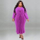 Hot sale 2023 vestidos casuales solid color 5xl plus size pleat dress round neck fashion women dress elegance clothing