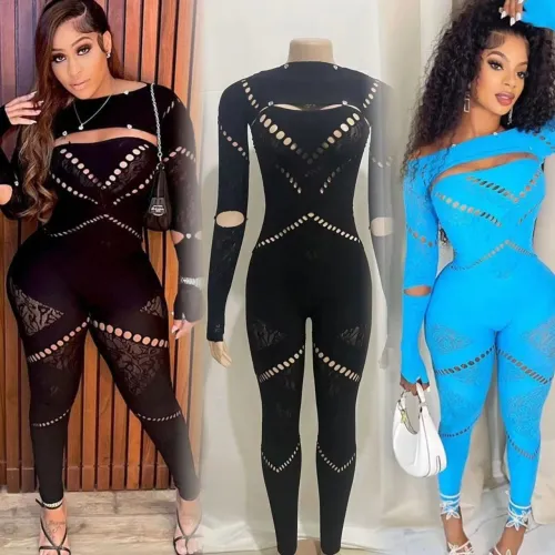 Sexy nightclub outfit hollow out women's jumpsuit long sleeves streetwear fitted western style diamond hole slim bodysuit