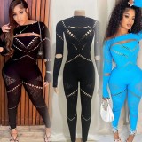 Sexy nightclub outfit hollow out women's jumpsuit long sleeves streetwear fitted western style diamond hole slim bodysuit