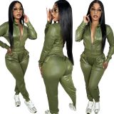 Winter Luxury Pu Coating Sweat Suits Leather Set Women Clothing Two Piece Sweatpants And Hoodie Set