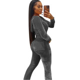 Casual Female Velvet Suits Women Zipper Long Sleeve Crop Top Hooded Velour 2 Piece Set With Flare Pants