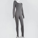 Sharee Blank Custom Logo Fall Winter Long Sleeves Bodycon Rib Knit Jumpsuit Women Yoga One Piece Jumpsuit