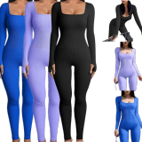 Sharee Blank Custom Logo Fall Winter Long Sleeves Bodycon Rib Knit Jumpsuit Women Yoga One Piece Jumpsuit