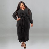 Hot sale 2023 vestidos casuales solid color 5xl plus size pleat dress round neck fashion women dress elegance clothing