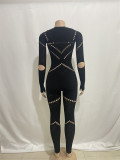 2023 New Design Diamond Crew Neck Hollow Cut Out Jumpsuits High Waist Mesh Bodycon Jumpsuit Romper Women