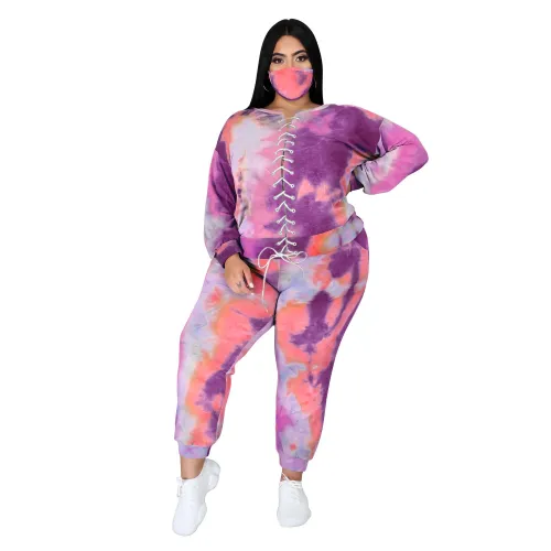 ZIYA A10L91 Large Tie Dyed Strap Long Sleeve Loose Casual Cotton Jogger Sets Women