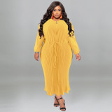 Hot sale 2023 vestidos casuales solid color 5xl plus size pleat dress round neck fashion women dress elegance clothing