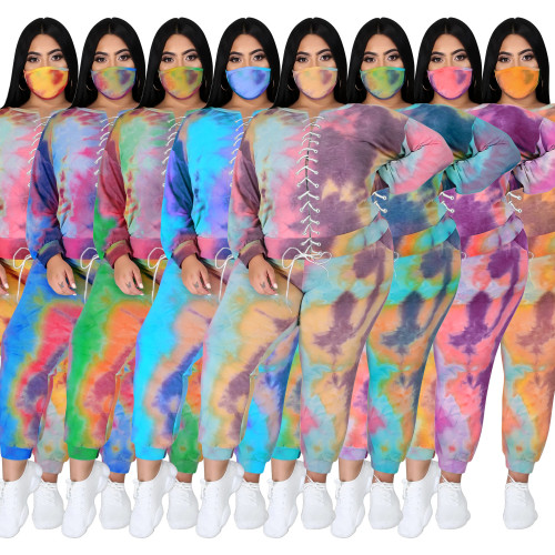 ZIYA A10L91 Large Tie Dyed Strap Long Sleeve Loose Casual Cotton Jogger Sets Women