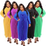 Hot sale 2023 vestidos casuales solid color 5xl plus size pleat dress round neck fashion women dress elegance clothing