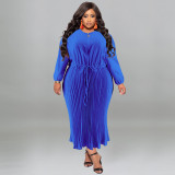 Hot sale 2023 vestidos casuales solid color 5xl plus size pleat dress round neck fashion women dress elegance clothing