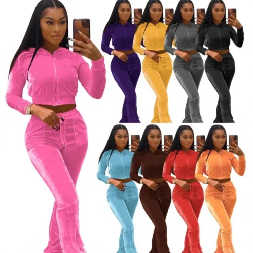 Casual Female Velvet Suits Women Zipper Long Sleeve Crop Top Hooded Velour 2 Piece Set With Flare Pants