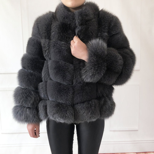 Wholesale Custom Women Real Fur Coat Natural Fox Fur Jacket Stand Collar Coat Fluffy Vest Girl Fur Coat