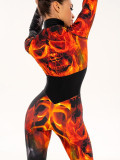 Fire Print Long Sleeve Zipper Jumpsuit Yoga Wear Swimming Wading Sports Fitness Wear
