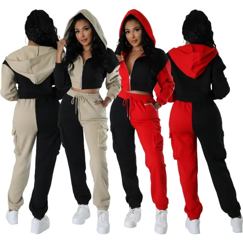 Fall 2023 Women Clothes Patchwork Hooded Tracksuits Zipper Hoodies Two Piece Set Sports Plus Size Women's Jogger Sweatsuits