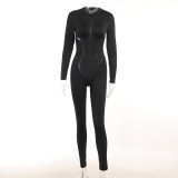 Jy22540 Fashionable Sports Leather Webbing Split Line Long Sleeve Zipper Tight Sexy Slim Lifting Hip Jumpsuit
