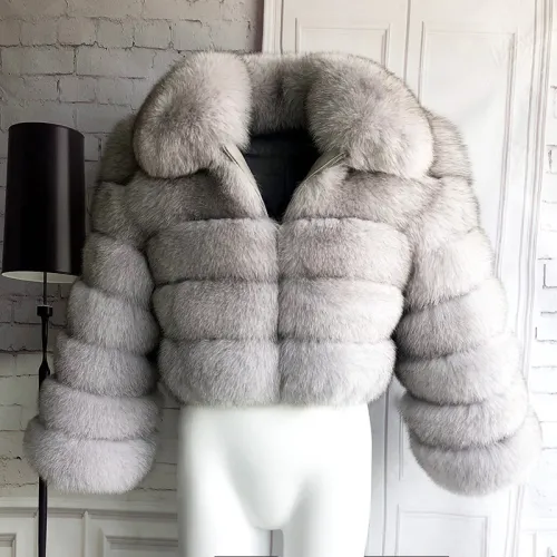 New Style Winter Warm Genuine Leather Coat Ladies Cropped Collar Fur Jacket High Waist Fox Fur Coat 100% Real Fur Coat