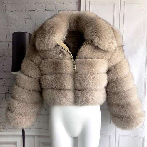 New Style Winter Warm Genuine Leather Coat Ladies Cropped Collar Fur Jacket High Waist Fox Fur Coat 100% Real Fur Coat