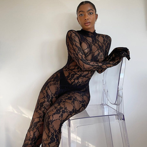 2022 New Arrival Custom Sexy Tight Women Fashion Long Sleeves Jumpsuit Lace Sexy Adult One Piece Jumpsuit Women