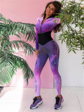 Printed Split Long Sleeve Sports Jumpsuit Sports Yoga Clothes Suit Swimming Wading Sports Fitness Suit