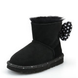 Mickey Dot Bow Snowy Boots with Sheep Leather and Wool Integrated Parent-child Cow Rib Sole Cotton Shoes