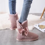 Snow boots, women's fur one piece, medium tube, short tube, bow knot, wool boots, winter warmth, plush cotton shoes, women's shoes, large size