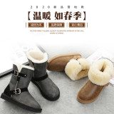 New Sheepskin and Wool Integrated Snow Boots for Men and Women, Mid length Belt Buckle Boots, Genuine Leather, Wool, Large