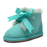 Sheepskin and fur integrated children's snow boots Women's flat bottomed children's shoes Warm baby shoes Boots Lace up bow tie Women's shoes