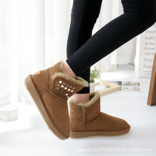 Autumn and winter low cut short tube snow boots, women's fur integrated water diamond short boots, wool plush boots