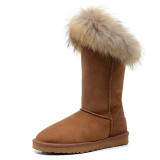 Winter New High Barrel Snow Boots Women's Sheepskin and Fur One Piece Fox Hair Flat Heel Warm Boots Wool Cotton Shoes