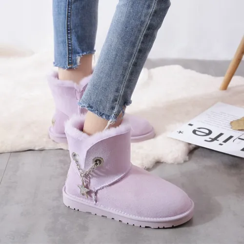 New Snow Boots Women's Sheep Leather and Wool One Piece Student Low Top Short Barrel Winter Women's Shoes Pendant Boots Cotton Shoes
