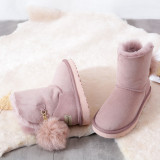New sheepskin fur integrated snow boots for women's shoes with a fox hair ball pendant in the middle tube, warm wool short boots