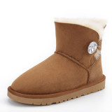 Winter New 3352 Sheepskin Wool Integrated Snow Boots Women's Rhinestone Short Barrel Low Top Button Boots Cotton Shoes