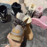 Sheepskin and fur integrated snow boots for women with sparkling diamond ribbons, low cut short tube cotton shoes, genuine leather, pure wool, plush, large size women's shoes