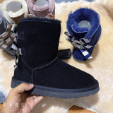 Sheepskin and fur integrated snow boots, autumn and winter women's mid length boots, ribbon and bow tie women's shoes